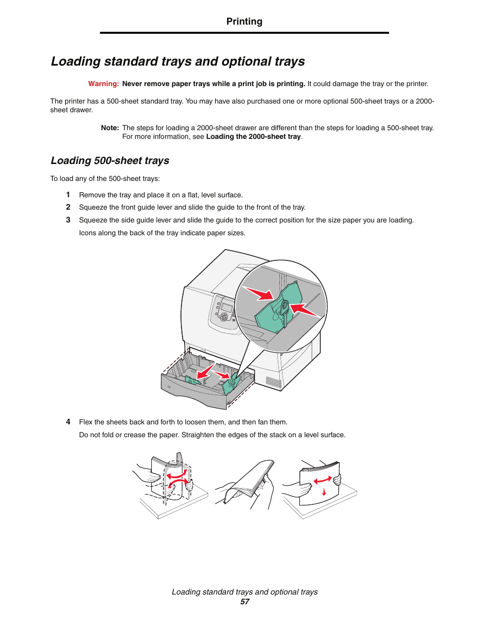 Loading standard trays and optional trays, Loading 500sheet trays, Loading 500-sheet trays | Lexmark C77x User Manual | Page 57 / 114
