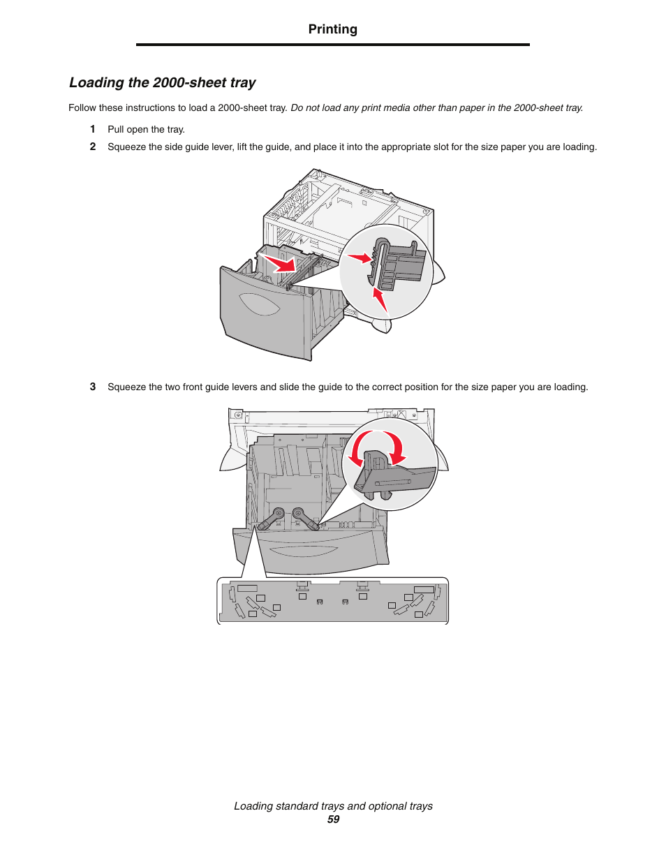 Loading the 2000sheet tray, Loading the 2000-sheet tray, Printing | Loading standard trays and optional trays 59 | Lexmark C77x User Manual | Page 59 / 114