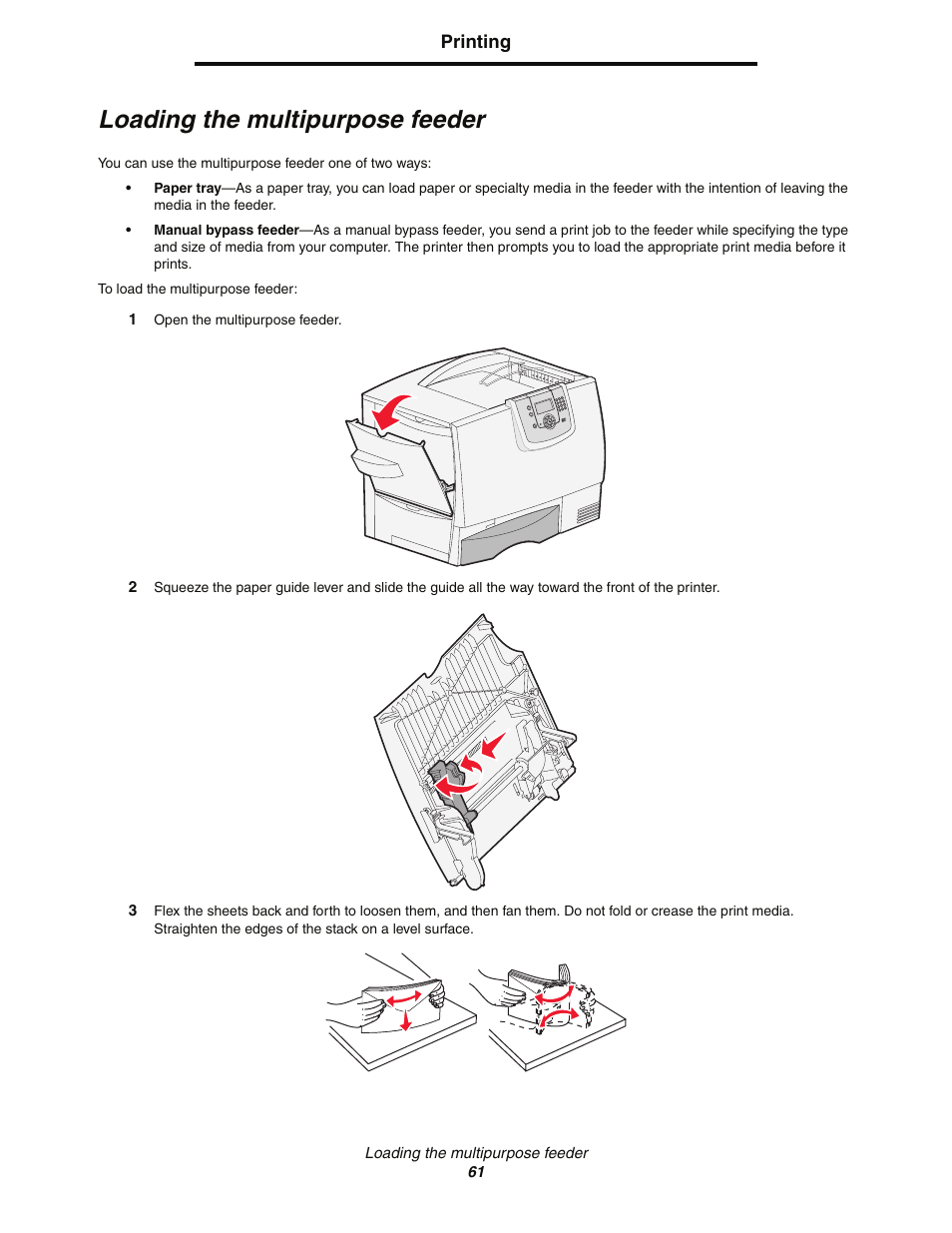 Loading the multipurpose feeder | Lexmark C77x User Manual | Page 61 / 114