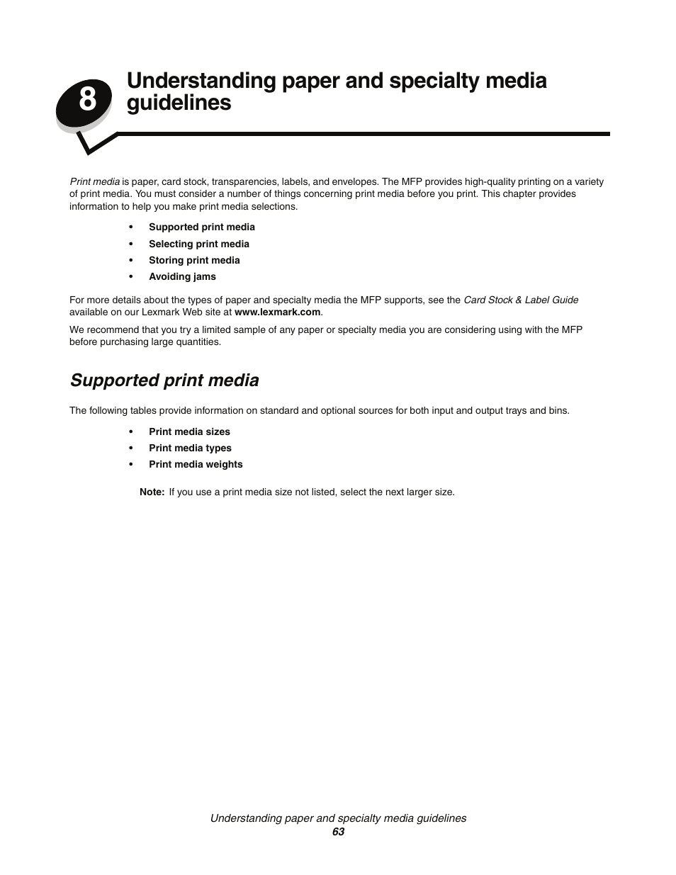 Understanding paper and specialty media guidelines, Supported print media | Lexmark C77x User Manual | Page 63 / 114