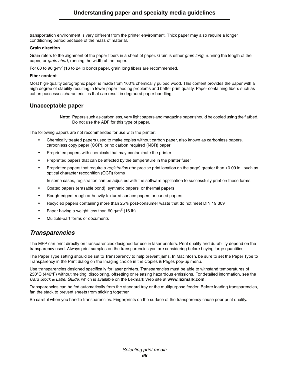 Transparencies, Understanding paper and specialty media guidelines, Unacceptable paper | Lexmark C77x User Manual | Page 68 / 114