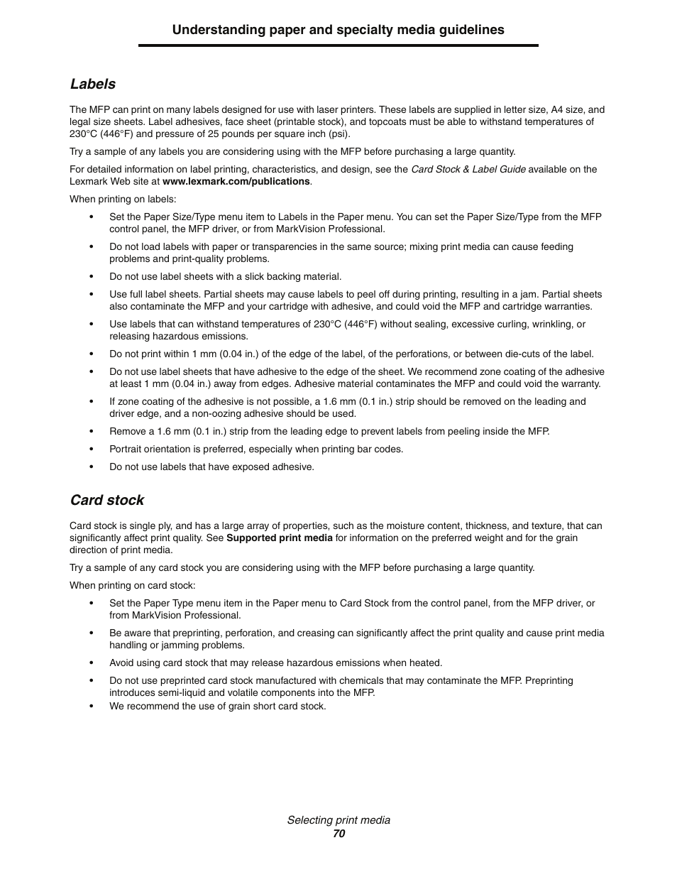 Labels, Card stock, Understanding paper and specialty media guidelines | Lexmark C77x User Manual | Page 70 / 114