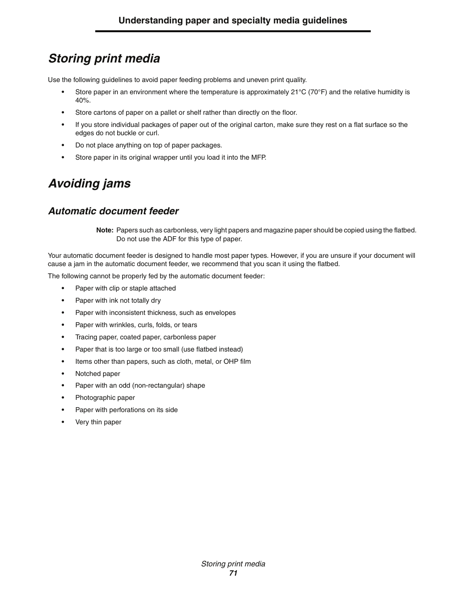 Storing print media, Avoiding jams, Automatic document feeder | Lexmark C77x User Manual | Page 71 / 114