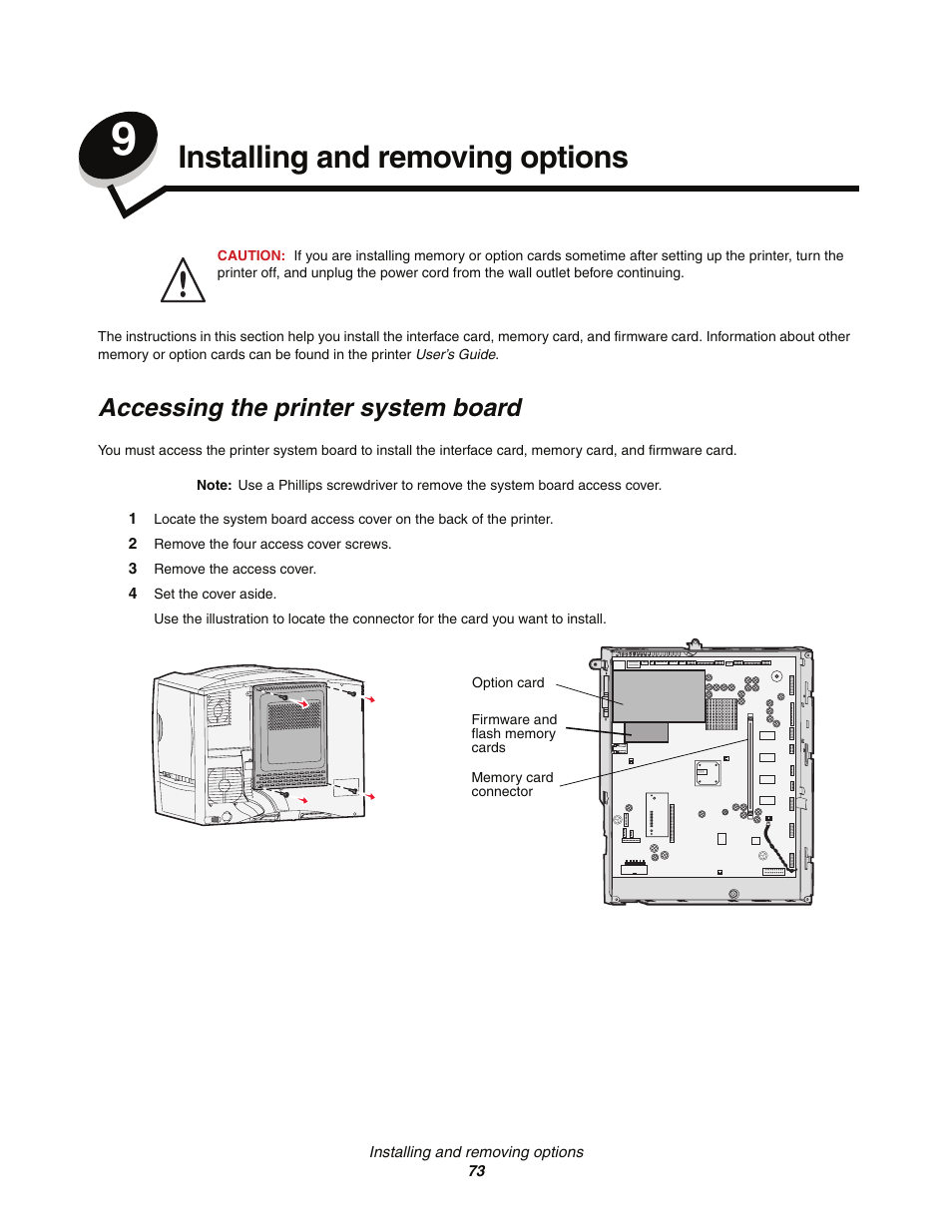 Installing and removing options, Accessing the printer system board, Chapter 9: installing and removing options | Lexmark C77x User Manual | Page 73 / 114