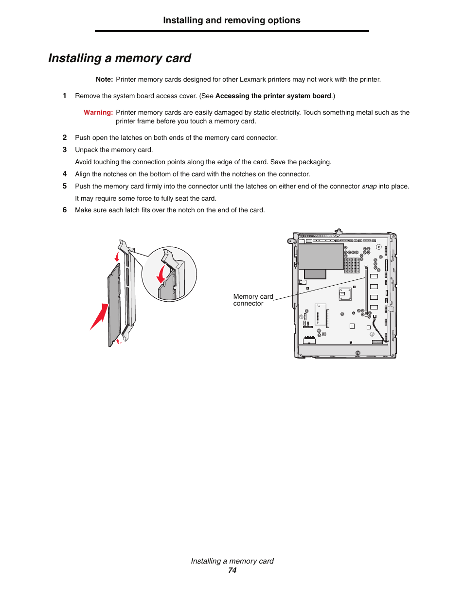 Installing a memory card | Lexmark C77x User Manual | Page 74 / 114