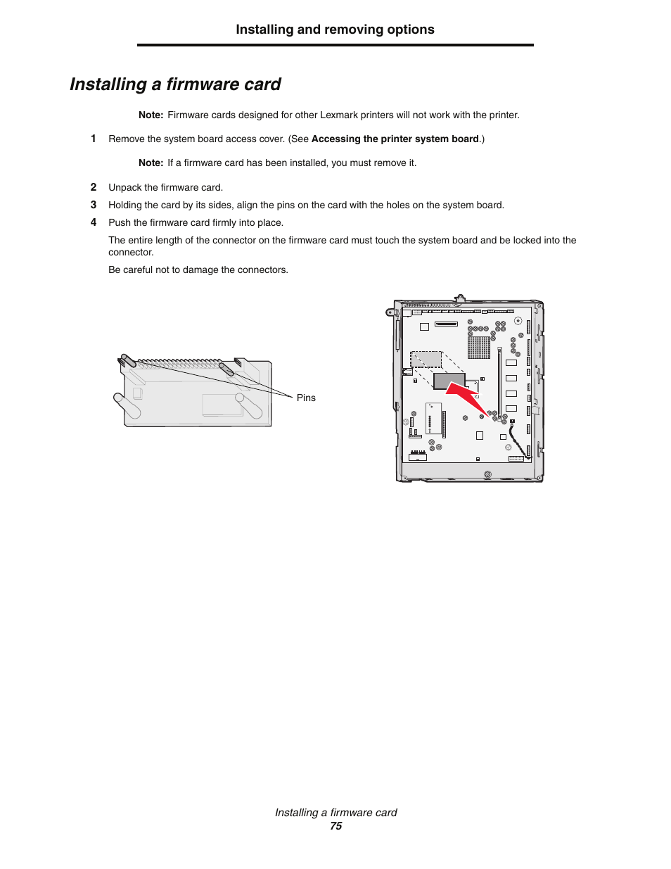 Installing a firmware card | Lexmark C77x User Manual | Page 75 / 114