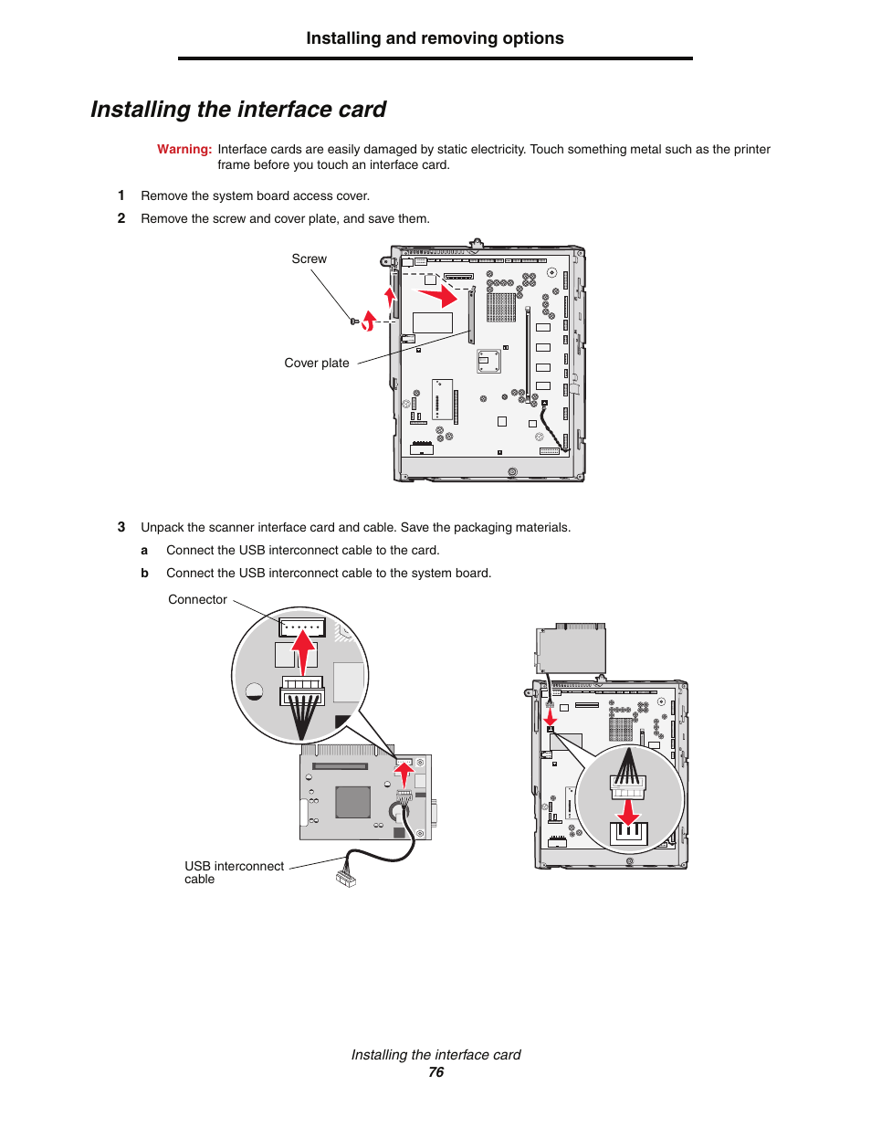 Installing the interfacecard, Installing the interface card | Lexmark C77x User Manual | Page 76 / 114