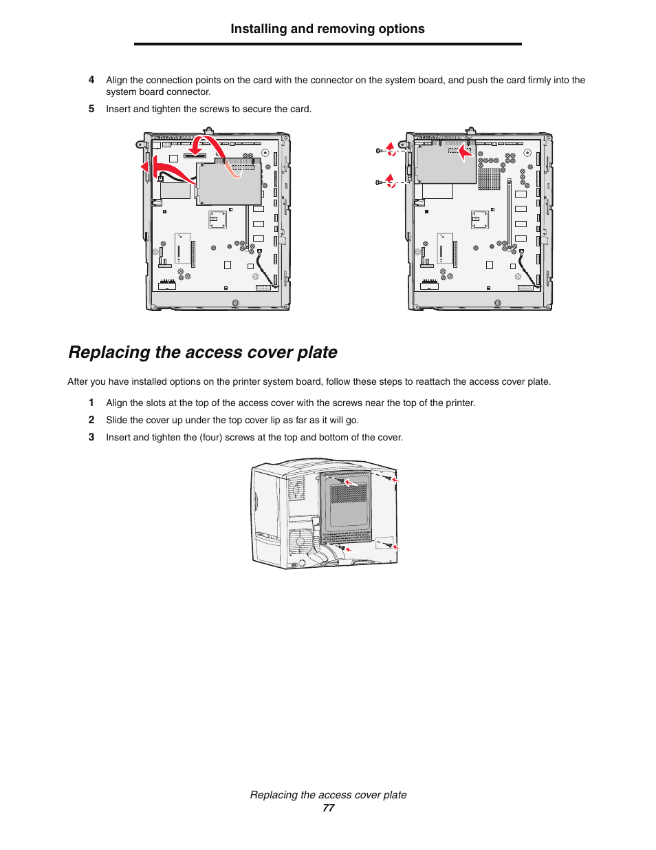 Replacing the access cover plate | Lexmark C77x User Manual | Page 77 / 114