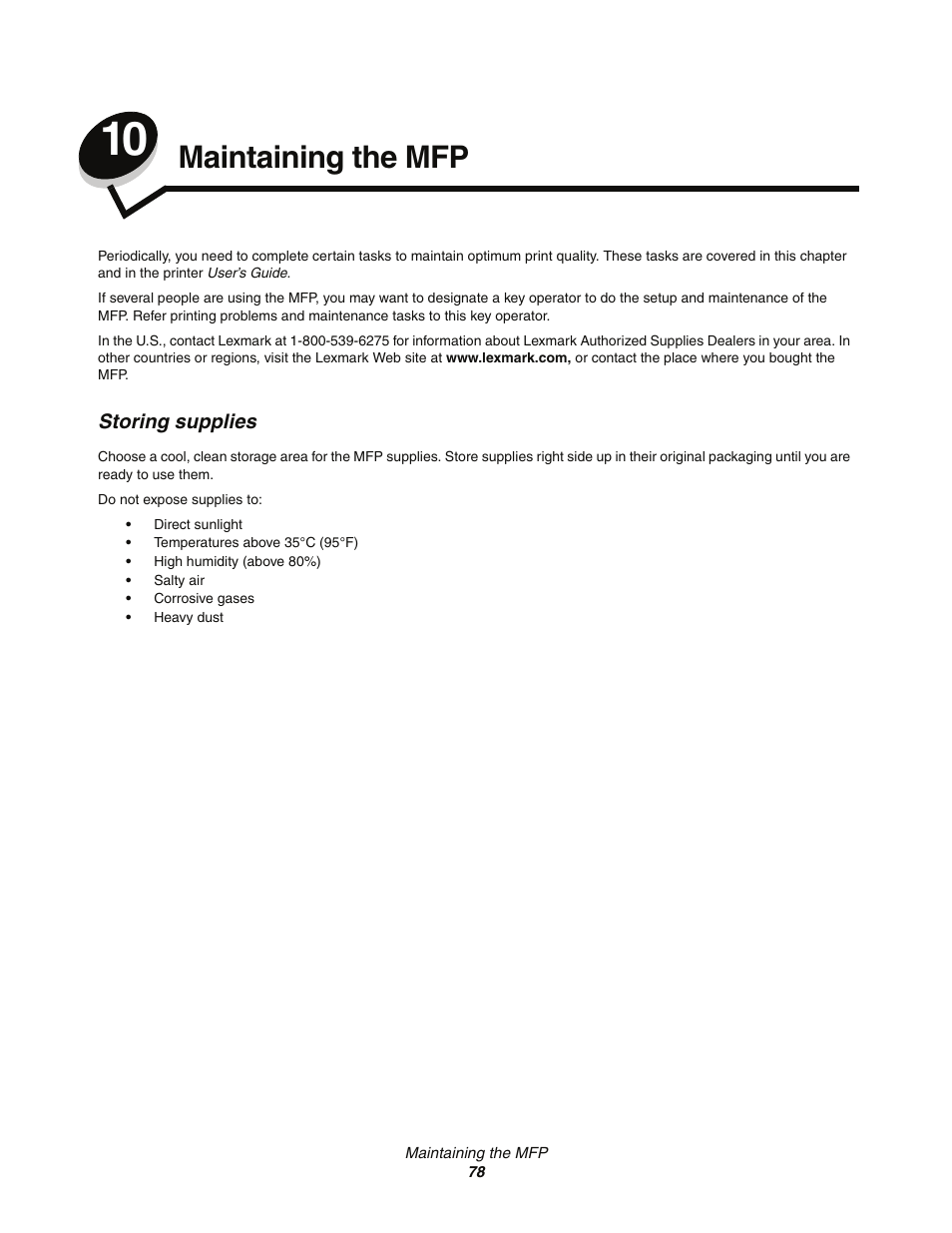 Maintaining the mfp, Storing supplies, Chapter 10: maintaining the mfp | Lexmark C77x User Manual | Page 78 / 114