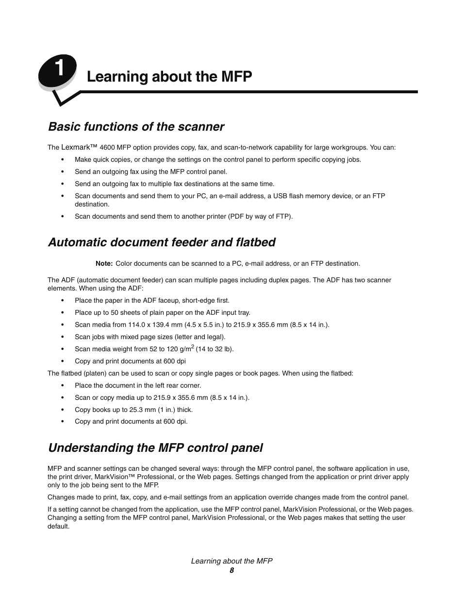 Learning about the mfp, Basic functions of the scanner, Automatic document feeder and flatbed | Understanding the mfp control panel, Chapter 1: learning about the mfp | Lexmark C77x User Manual | Page 8 / 114