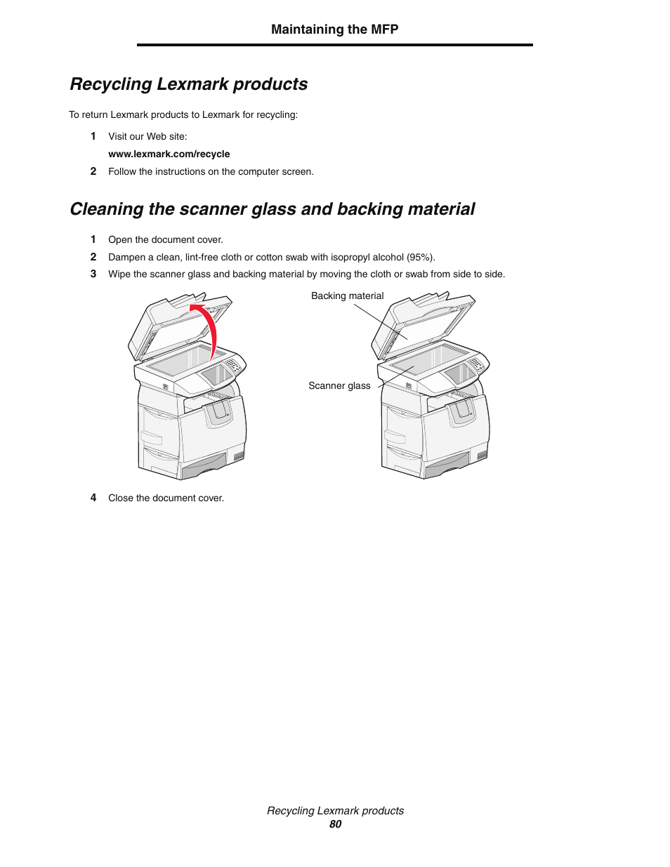 Recycling lexmark products, Cleaning the scanner glass and backing material | Lexmark C77x User Manual | Page 80 / 114