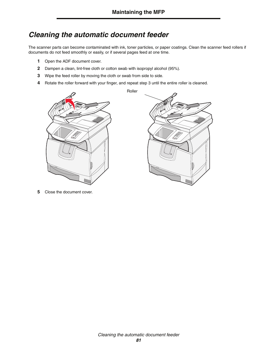 Cleaning the automatic document feeder | Lexmark C77x User Manual | Page 81 / 114