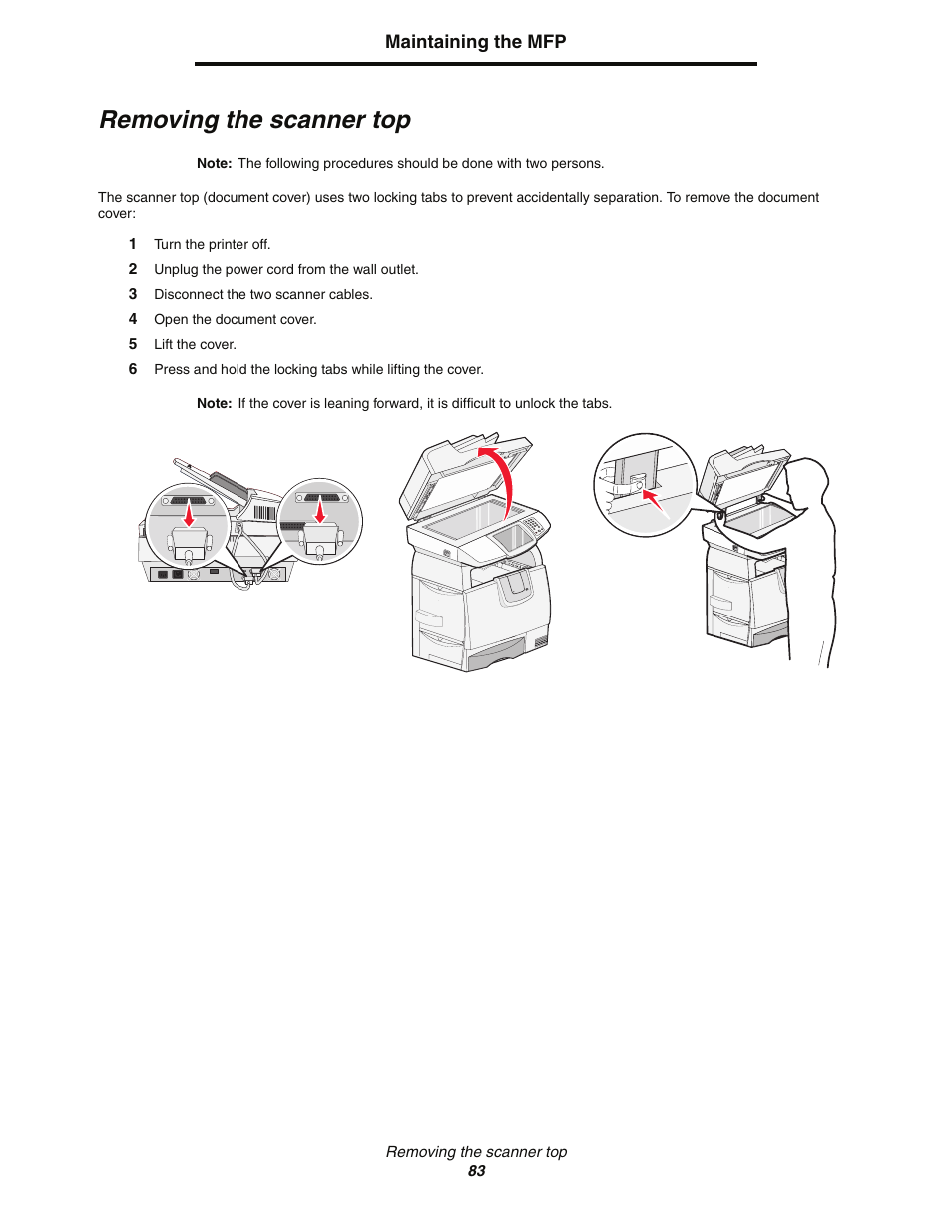 Removing the scanner top | Lexmark C77x User Manual | Page 83 / 114