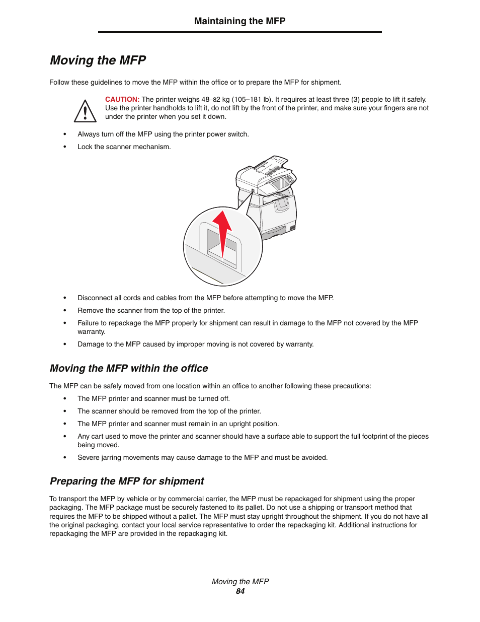 Moving the mfp, Moving the mfp within the office, Preparing the mfp for shipment | Lexmark C77x User Manual | Page 84 / 114