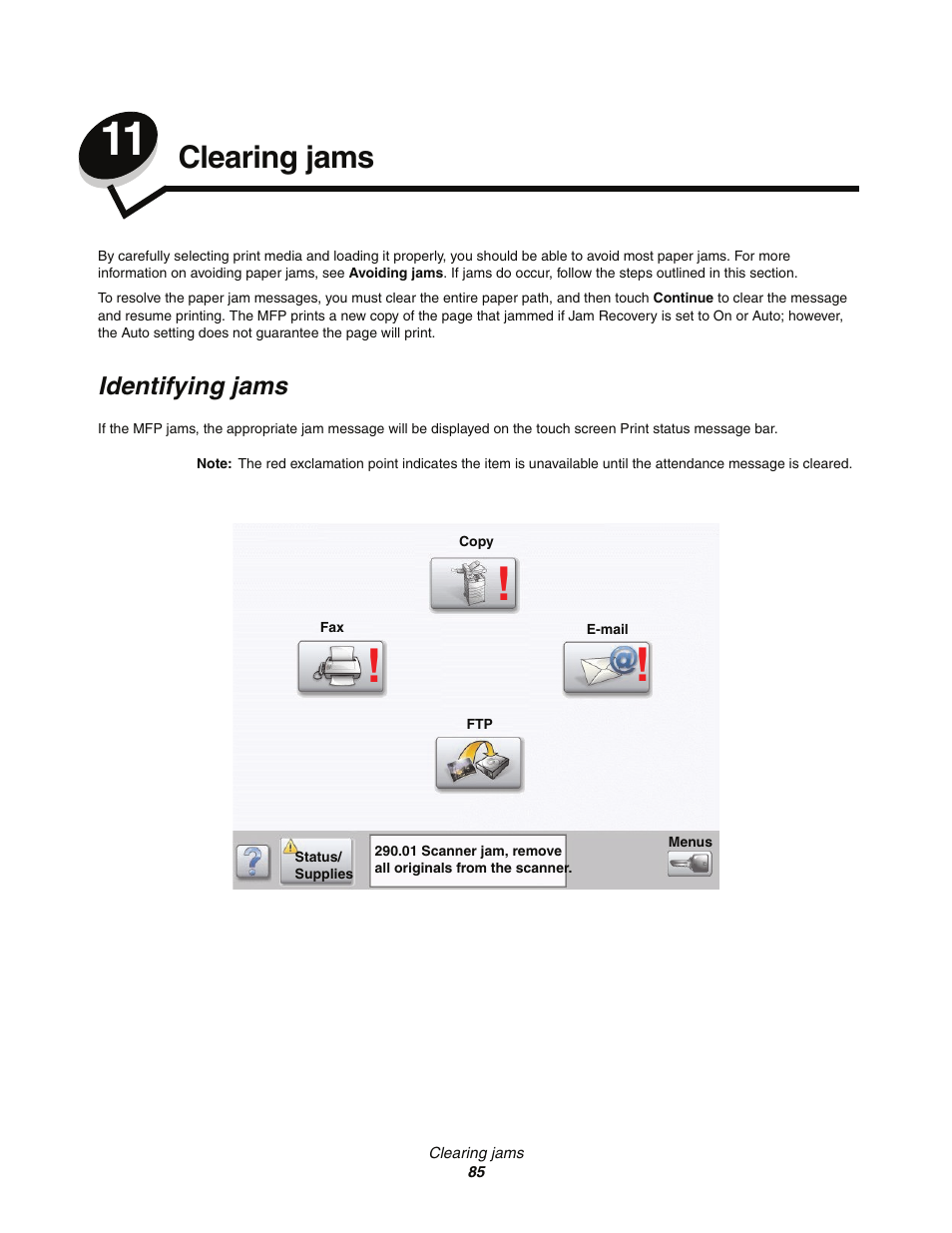 Clearing jams, Identifying jams, Chapter 11: clearing jams | Lexmark C77x User Manual | Page 85 / 114