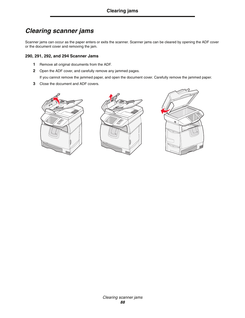 Clearing scanner jams | Lexmark C77x User Manual | Page 88 / 114