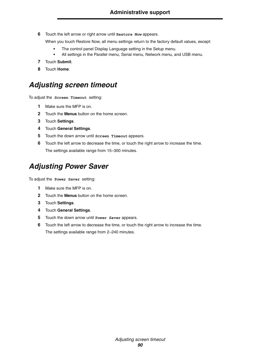 Adjusting screen timeout, Adjusting power saver | Lexmark C77x User Manual | Page 90 / 114