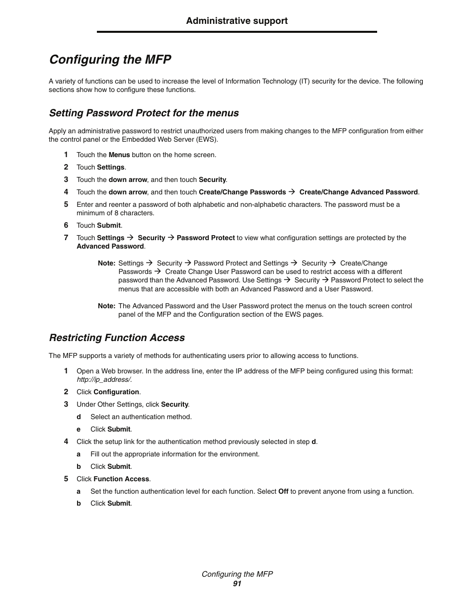 Configuring the mfp, Setting password protect for the menus, Restricting function access | Lexmark C77x User Manual | Page 91 / 114