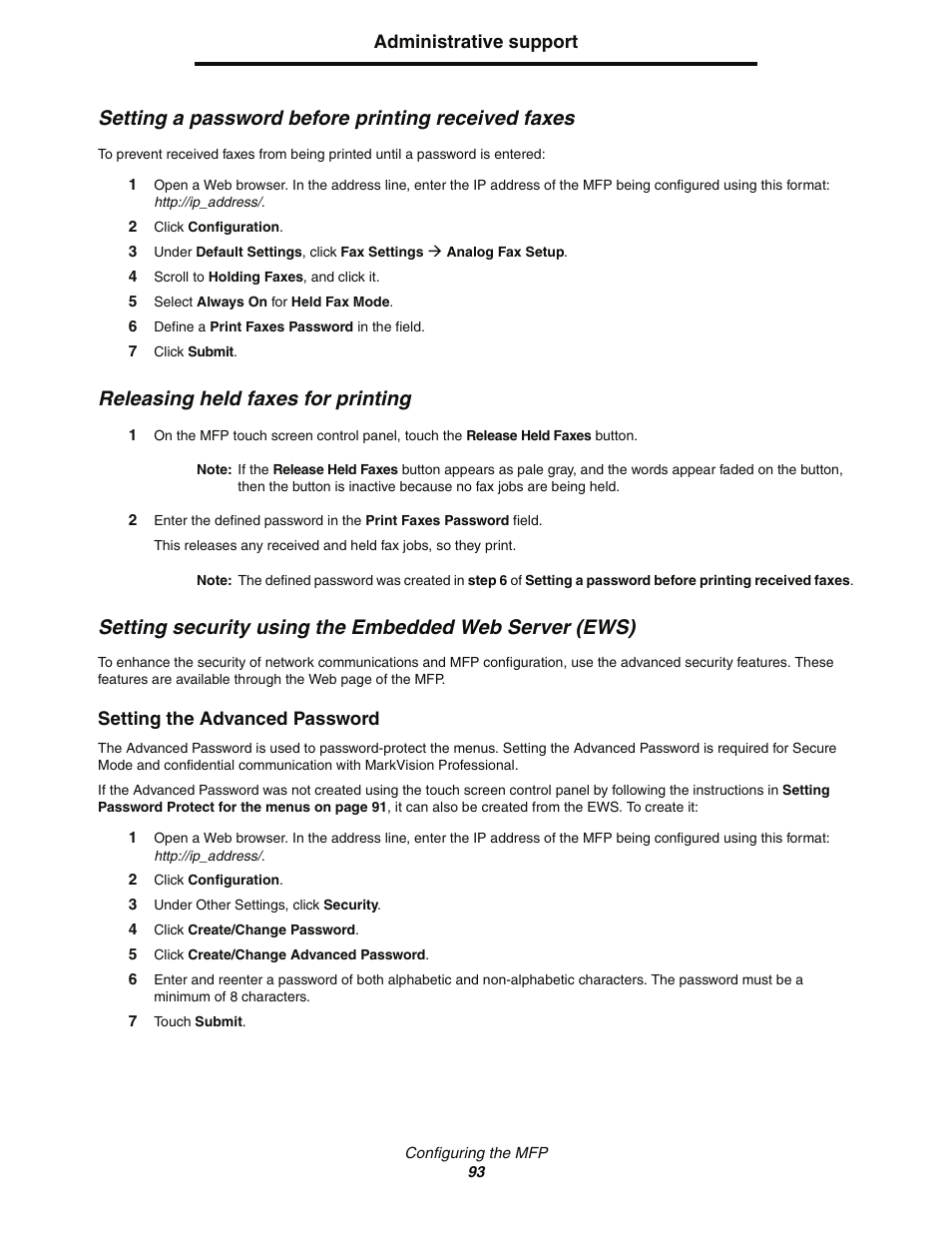 Setting a password before printing received faxes, Releasing held faxes for printing | Lexmark C77x User Manual | Page 93 / 114