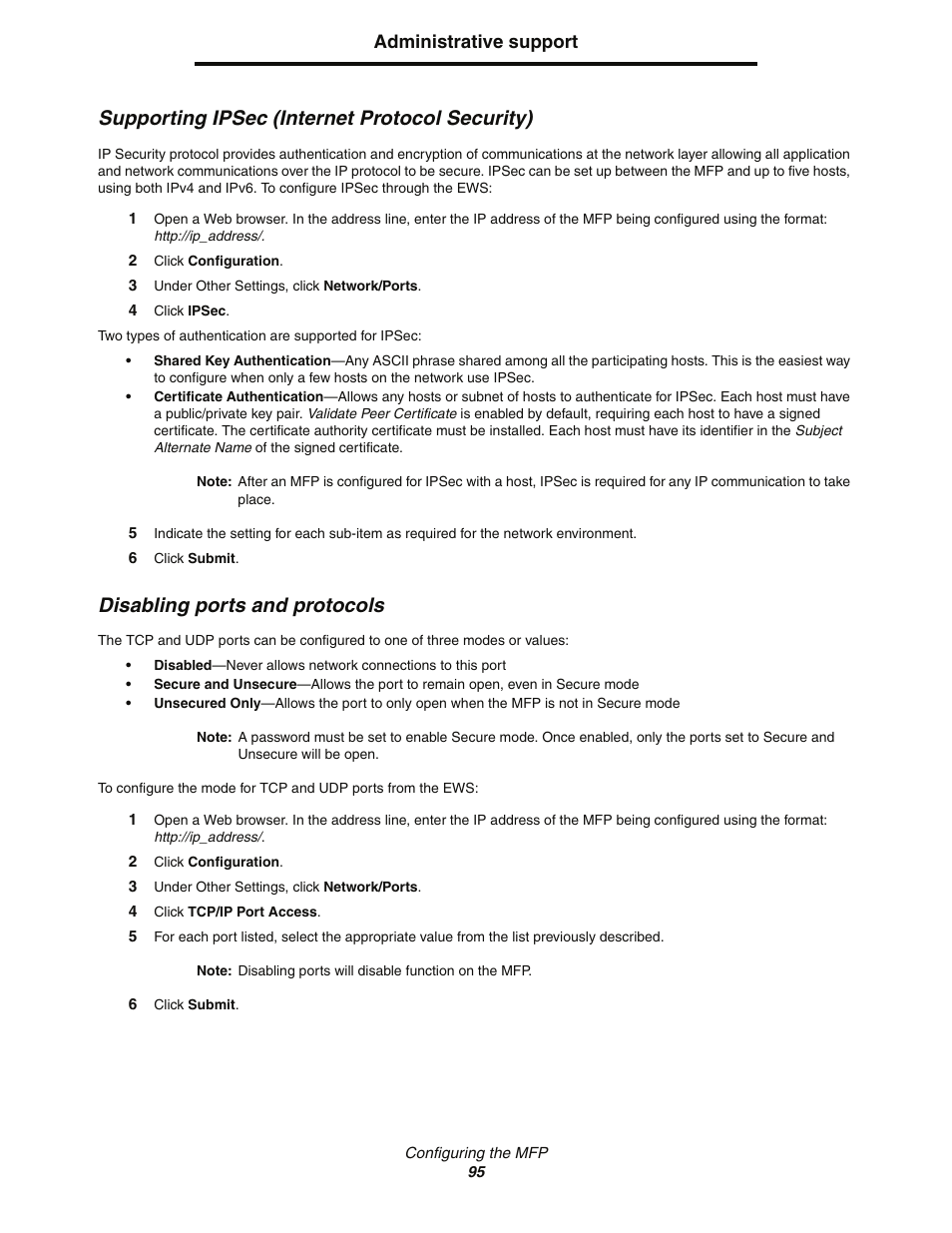 Supporting ipsec (internet protocol security), Disabling ports and protocols | Lexmark C77x User Manual | Page 95 / 114