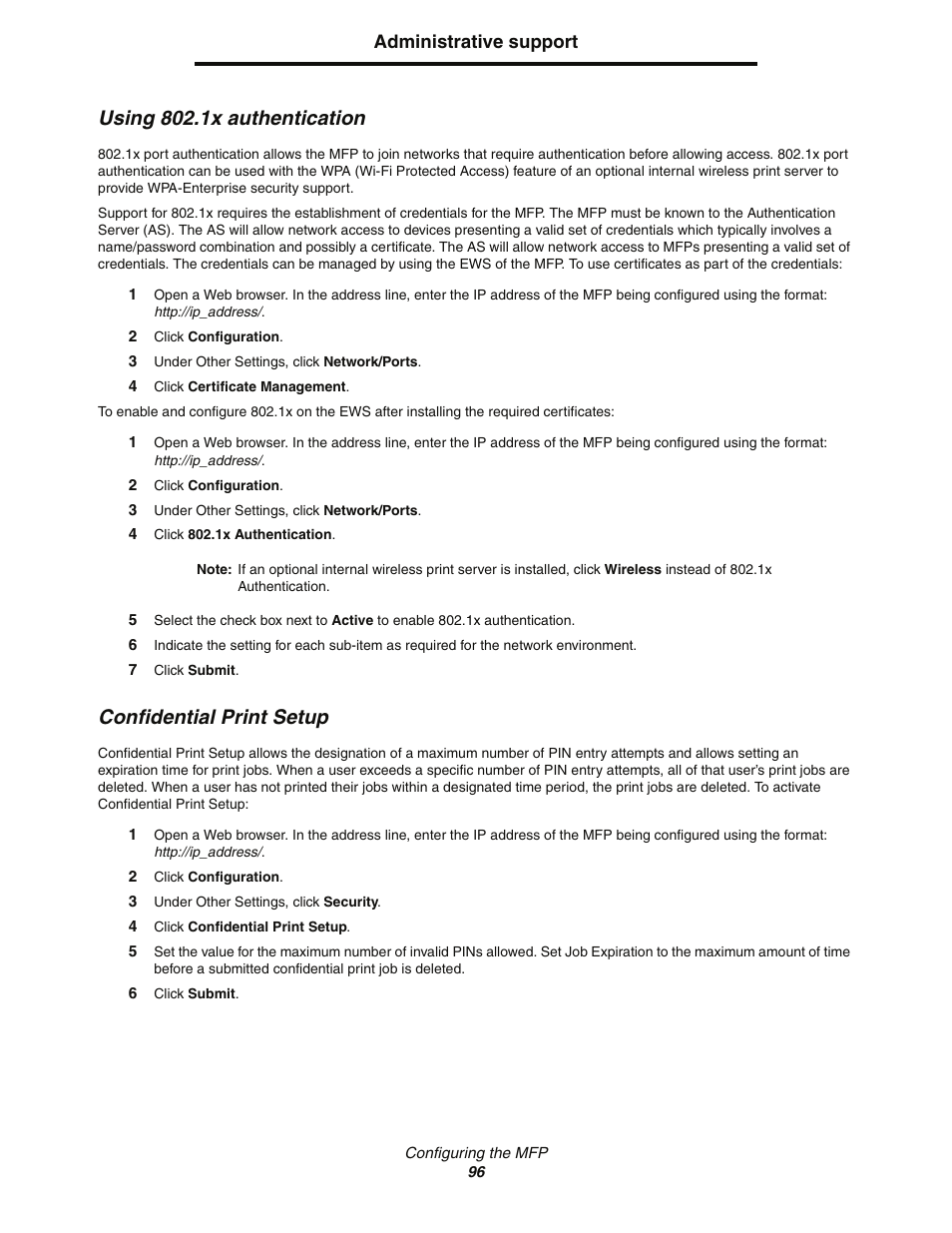 Using 802.1x authentication, Confidential print setup | Lexmark C77x User Manual | Page 96 / 114