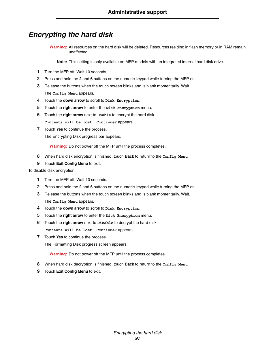 Encrypting the hard disk | Lexmark C77x User Manual | Page 97 / 114