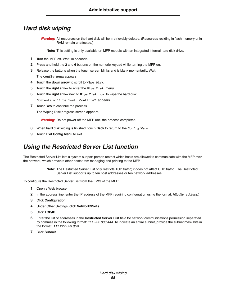 Hard disk wiping, Using the restricted server list function | Lexmark C77x User Manual | Page 98 / 114