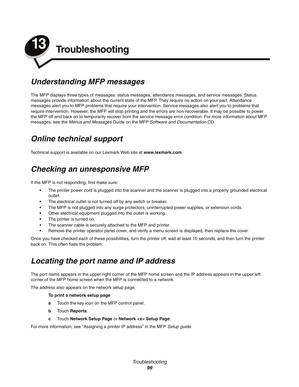 Troubleshooting, Understanding mfp messages, Online technical support | Checking an unresponsive mfp, Locating the port name and ip address, Chapter 13: troubleshooting | Lexmark C77x User Manual | Page 99 / 114