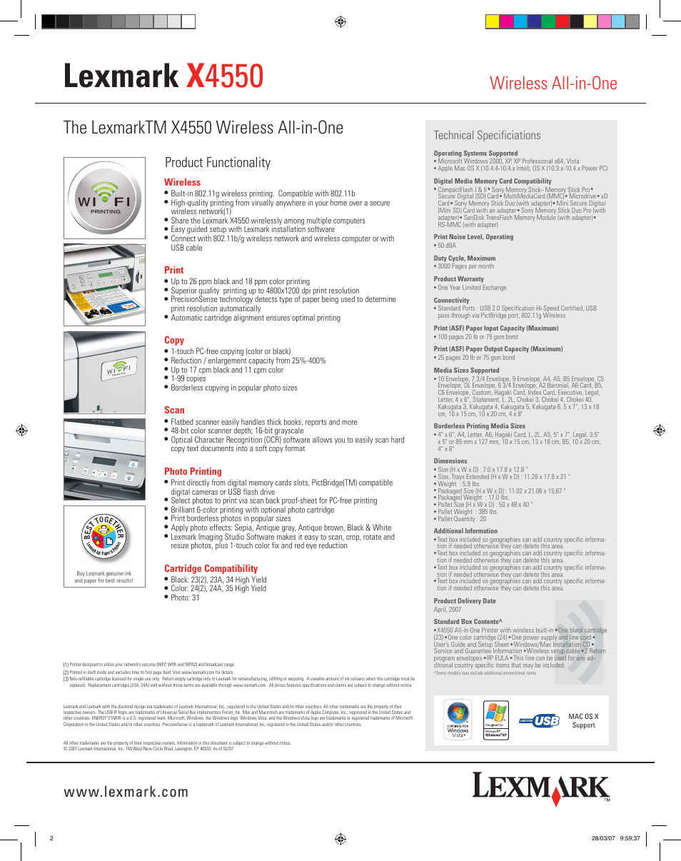 Lexmark x 4550, Wireless all-in-one, The lexmarktm x4550 wireless all-in-one | Product functionality, Technical specificiations, Wireless, Print, Copy, Scan, Photo printing | Lexmark X 4550 User Manual | Page 2 / 2