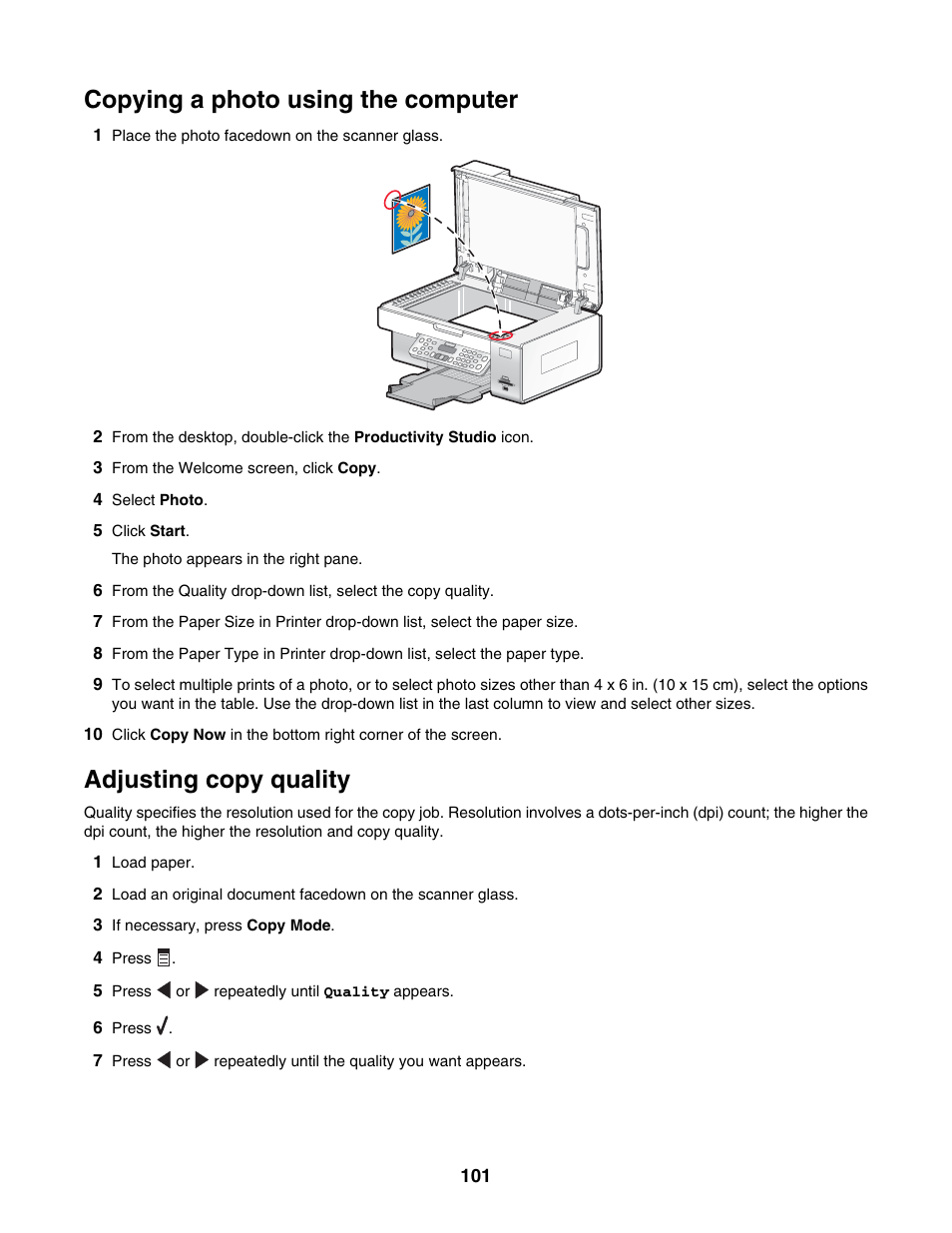 Copying a photo using the computer, Adjusting copy quality | Lexmark 6500 Series User Manual | Page 101 / 223