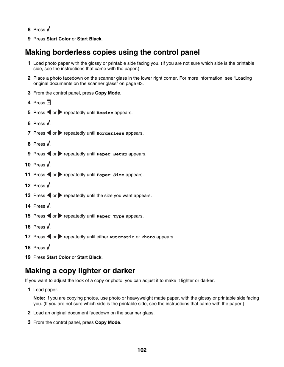 Making borderless copies using the control panel, Making a copy lighter or darker | Lexmark 6500 Series User Manual | Page 102 / 223