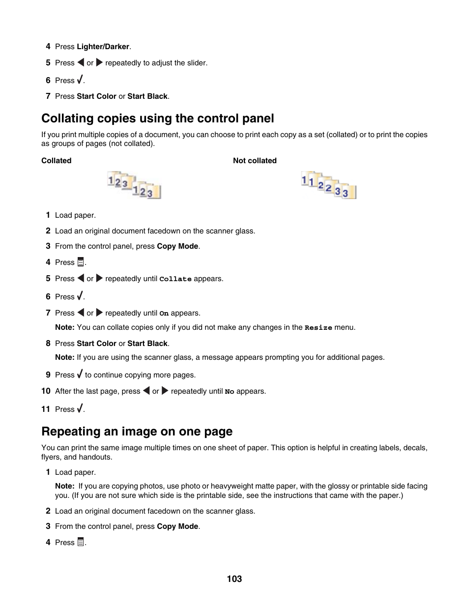 Collating copies using the control panel, Repeating an image on one page | Lexmark 6500 Series User Manual | Page 103 / 223