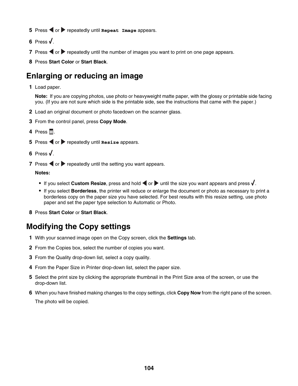 Enlarging or reducing an image, Modifying the copy settings | Lexmark 6500 Series User Manual | Page 104 / 223