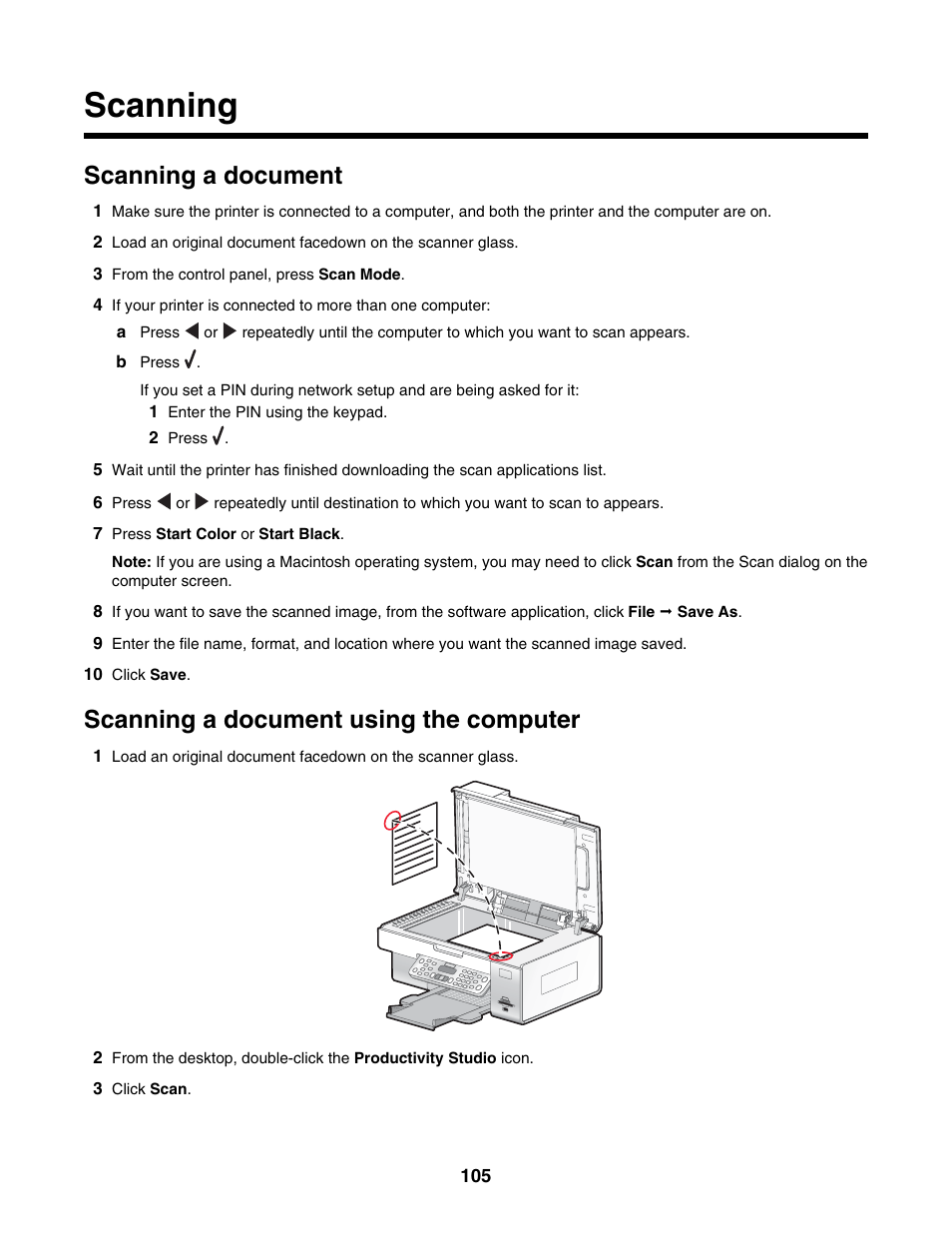 Scanning, Scanning a document, Scanning a document using the computer | Lexmark 6500 Series User Manual | Page 105 / 223