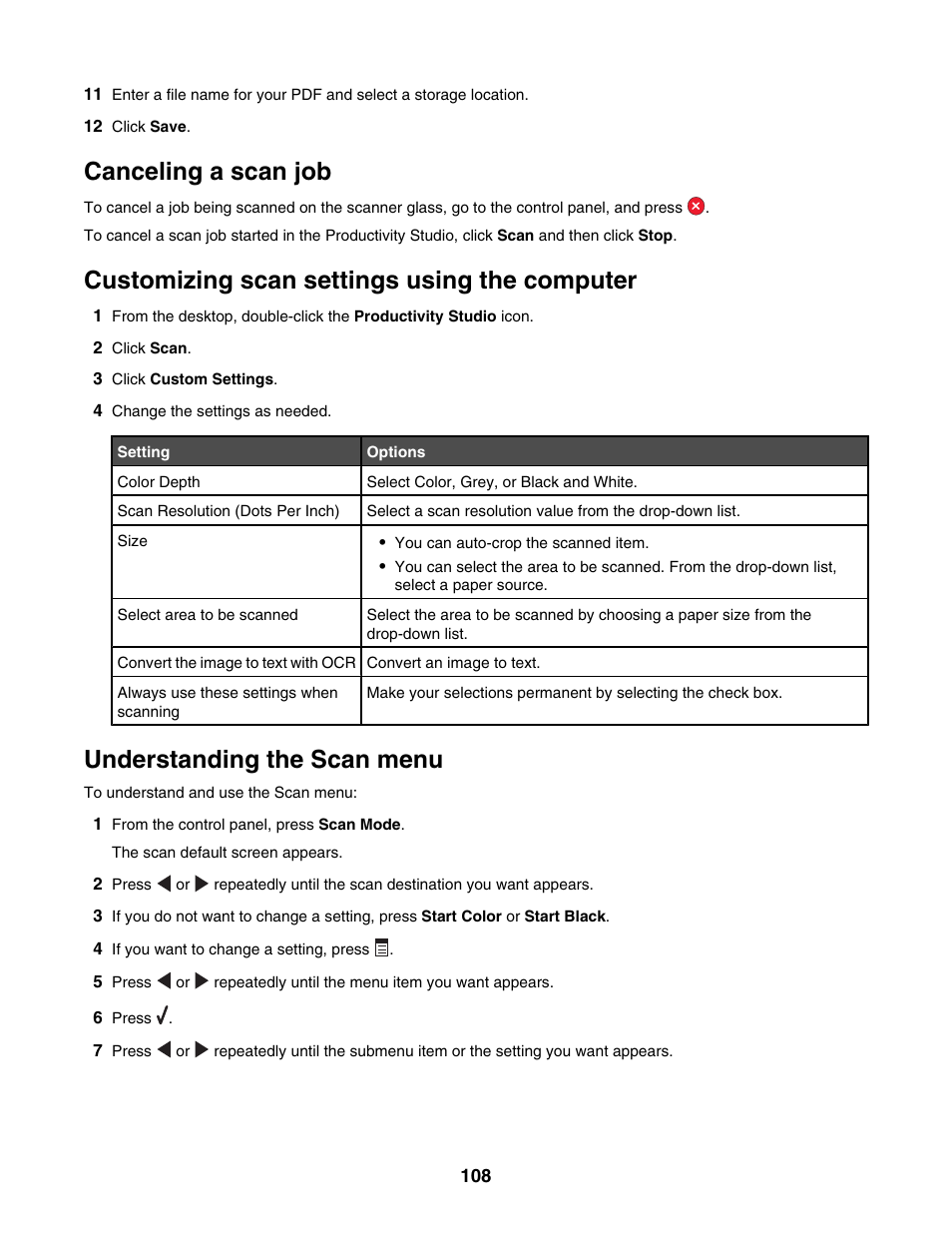 Canceling a scan job, Customizing scan settings using the computer, Understanding the scan menu | Lexmark 6500 Series User Manual | Page 108 / 223