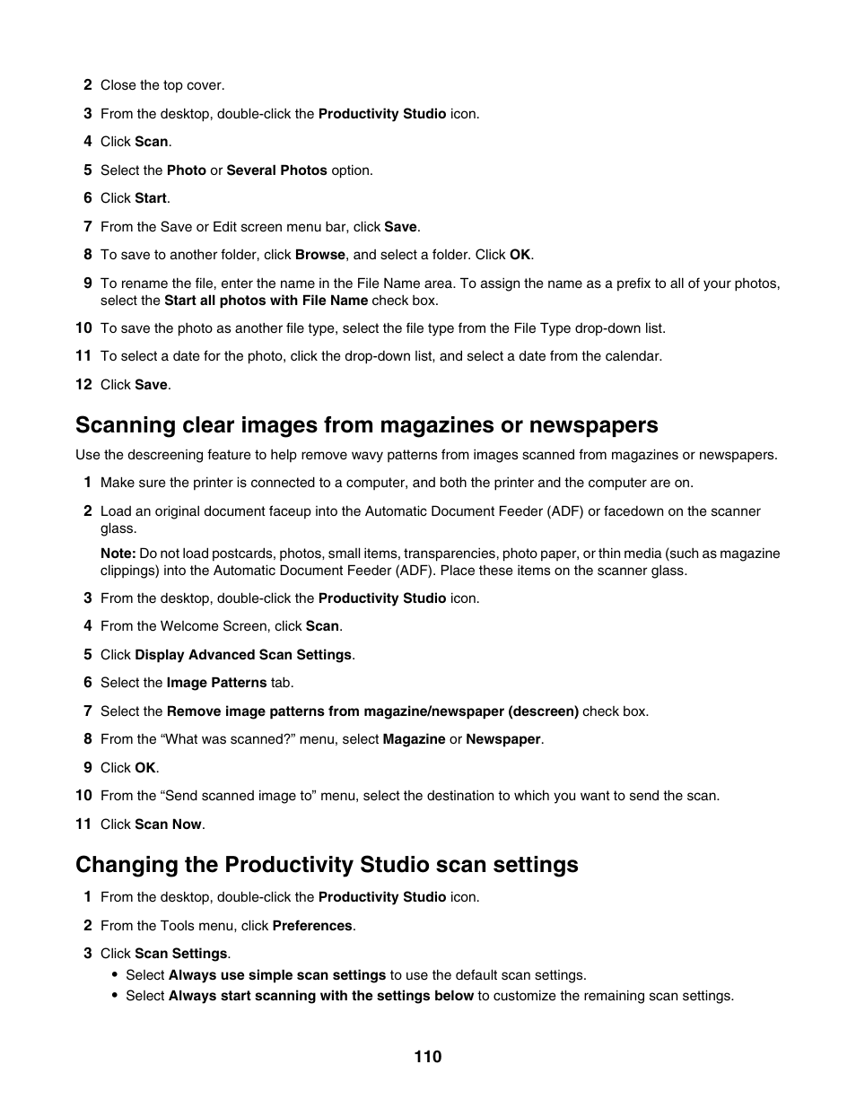 Scanning clear images from magazines or newspapers, Changing the productivity studio scan settings | Lexmark 6500 Series User Manual | Page 110 / 223