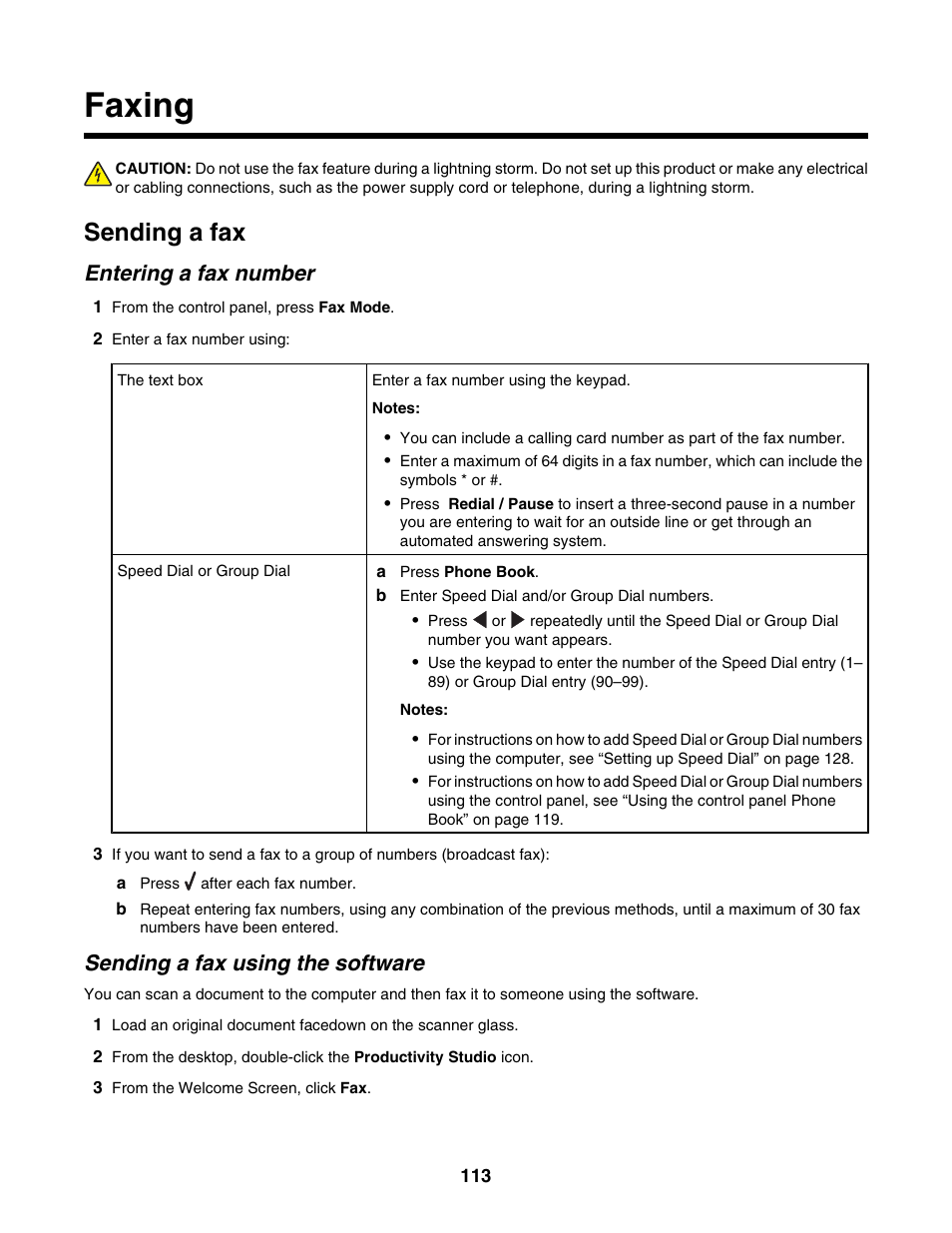 Faxing, Sending a fax, Entering a fax number | Sending a fax using the software | Lexmark 6500 Series User Manual | Page 113 / 223