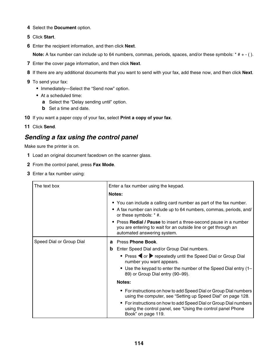 Sending a fax using the control panel | Lexmark 6500 Series User Manual | Page 114 / 223