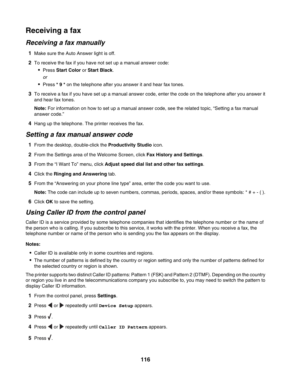 Receiving a fax, Receiving a fax manually, Setting a fax manual answer code | Using caller id from the control panel | Lexmark 6500 Series User Manual | Page 116 / 223