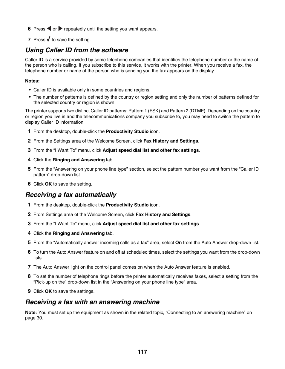 Using caller id from the software, Receiving a fax automatically, Receiving a fax with an answering machine | Lexmark 6500 Series User Manual | Page 117 / 223