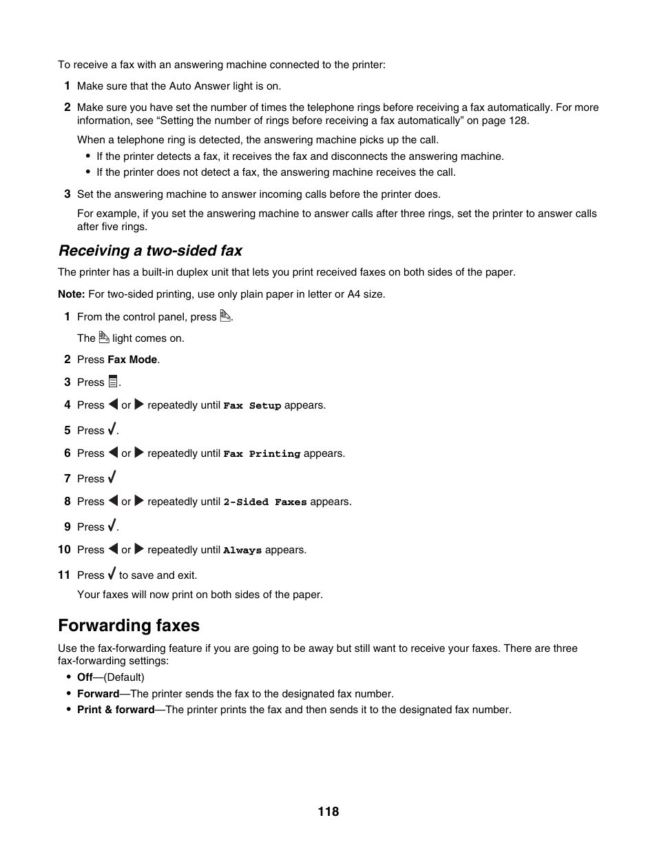 Receiving a two-sided fax, Forwarding faxes | Lexmark 6500 Series User Manual | Page 118 / 223