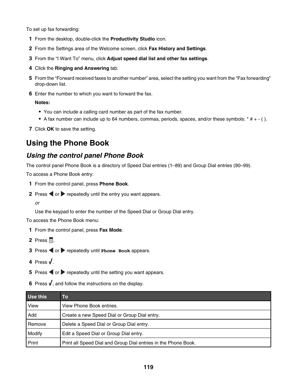 Using the phone book, Using the control panel phone book | Lexmark 6500 Series User Manual | Page 119 / 223