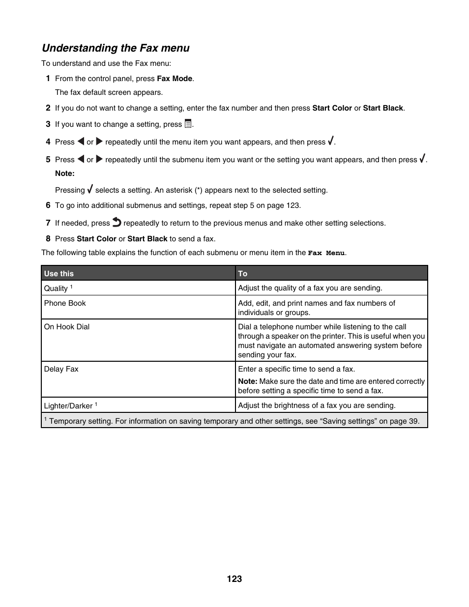 Understanding the fax menu | Lexmark 6500 Series User Manual | Page 123 / 223