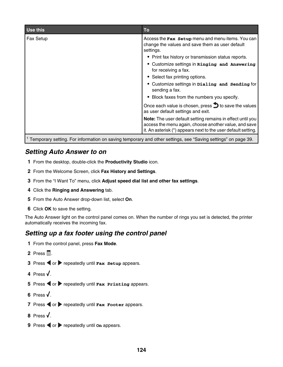 Setting auto answer to on, Setting up a fax footer using the control panel | Lexmark 6500 Series User Manual | Page 124 / 223