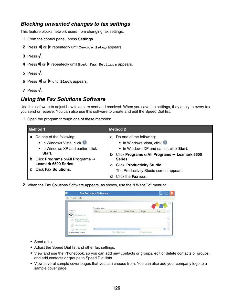 Blocking unwanted changes to fax settings, Using the fax solutions software | Lexmark 6500 Series User Manual | Page 126 / 223