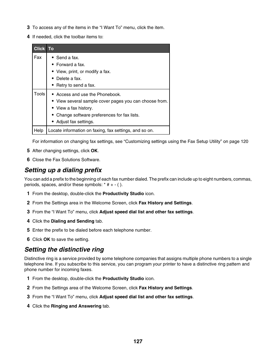 Setting up a dialing prefix, Setting the distinctive ring | Lexmark 6500 Series User Manual | Page 127 / 223