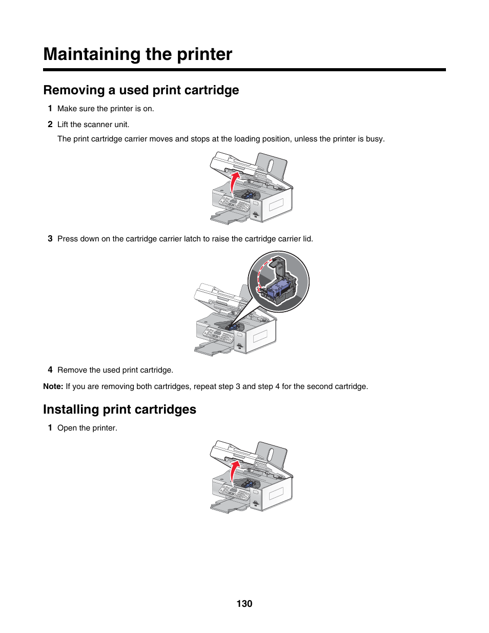 Maintaining the printer, Removing a used print cartridge, Installing print cartridges | Lexmark 6500 Series User Manual | Page 130 / 223