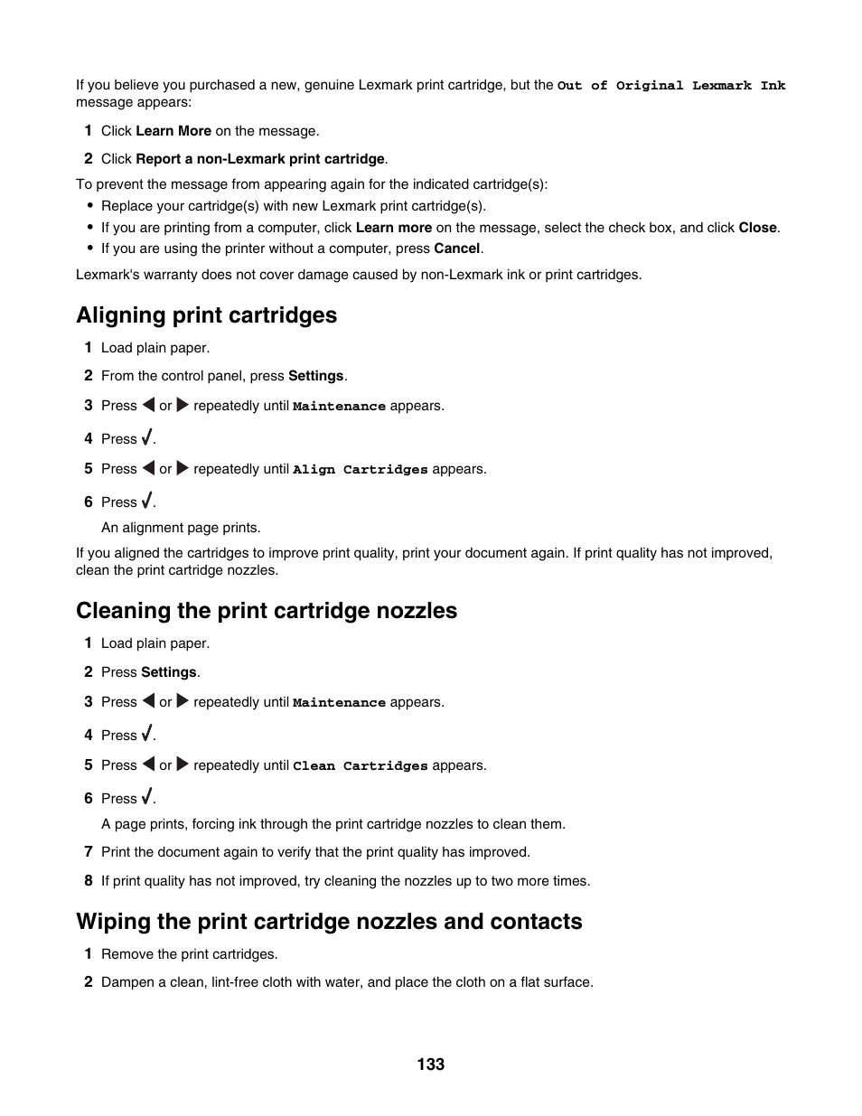 Aligning print cartridges, Cleaning the print cartridge nozzles, Wiping the print cartridge nozzles and contacts | Lexmark 6500 Series User Manual | Page 133 / 223