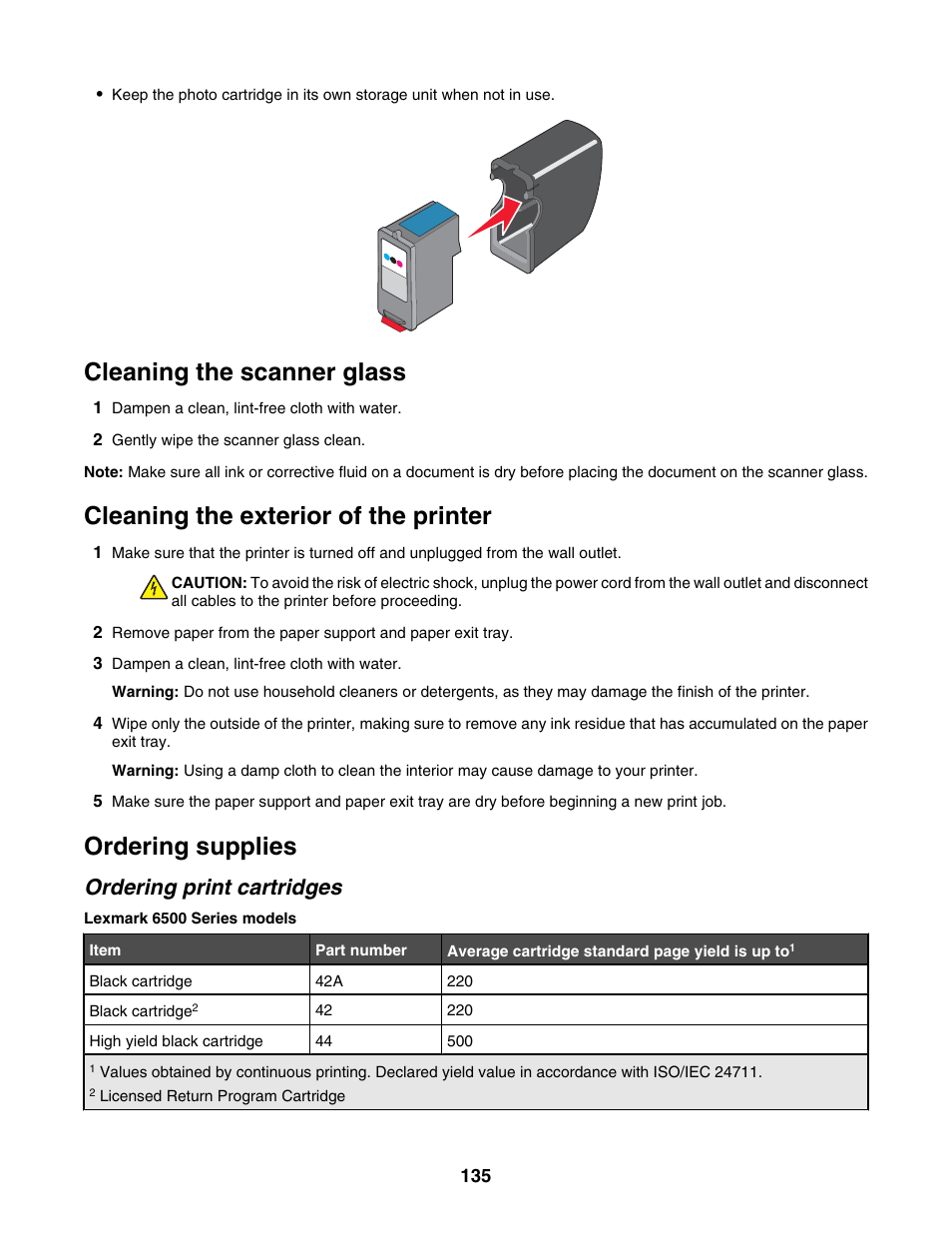 Cleaning the scanner glass, Cleaning the exterior of the printer, Ordering supplies | Ordering print cartridges | Lexmark 6500 Series User Manual | Page 135 / 223