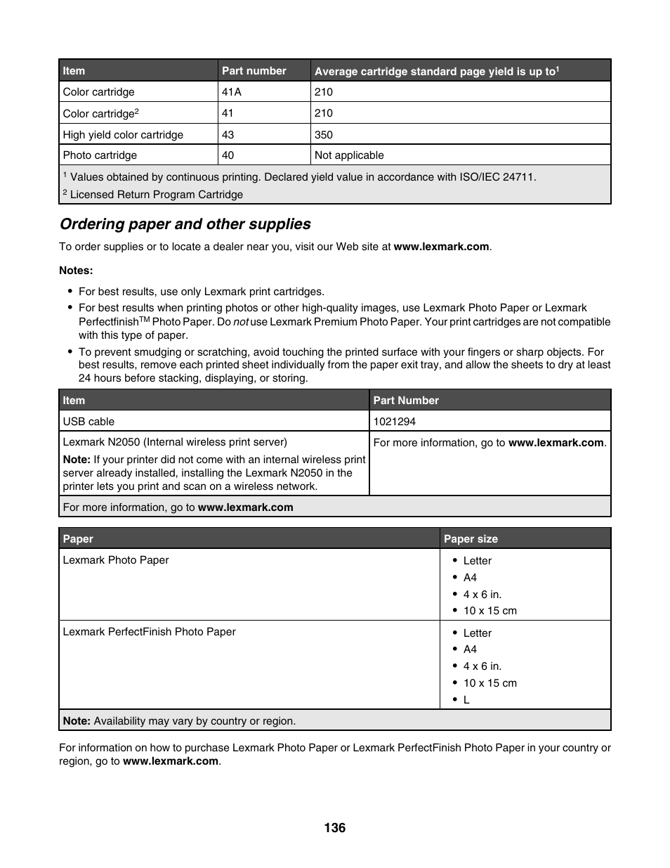 Ordering paper and other supplies | Lexmark 6500 Series User Manual | Page 136 / 223